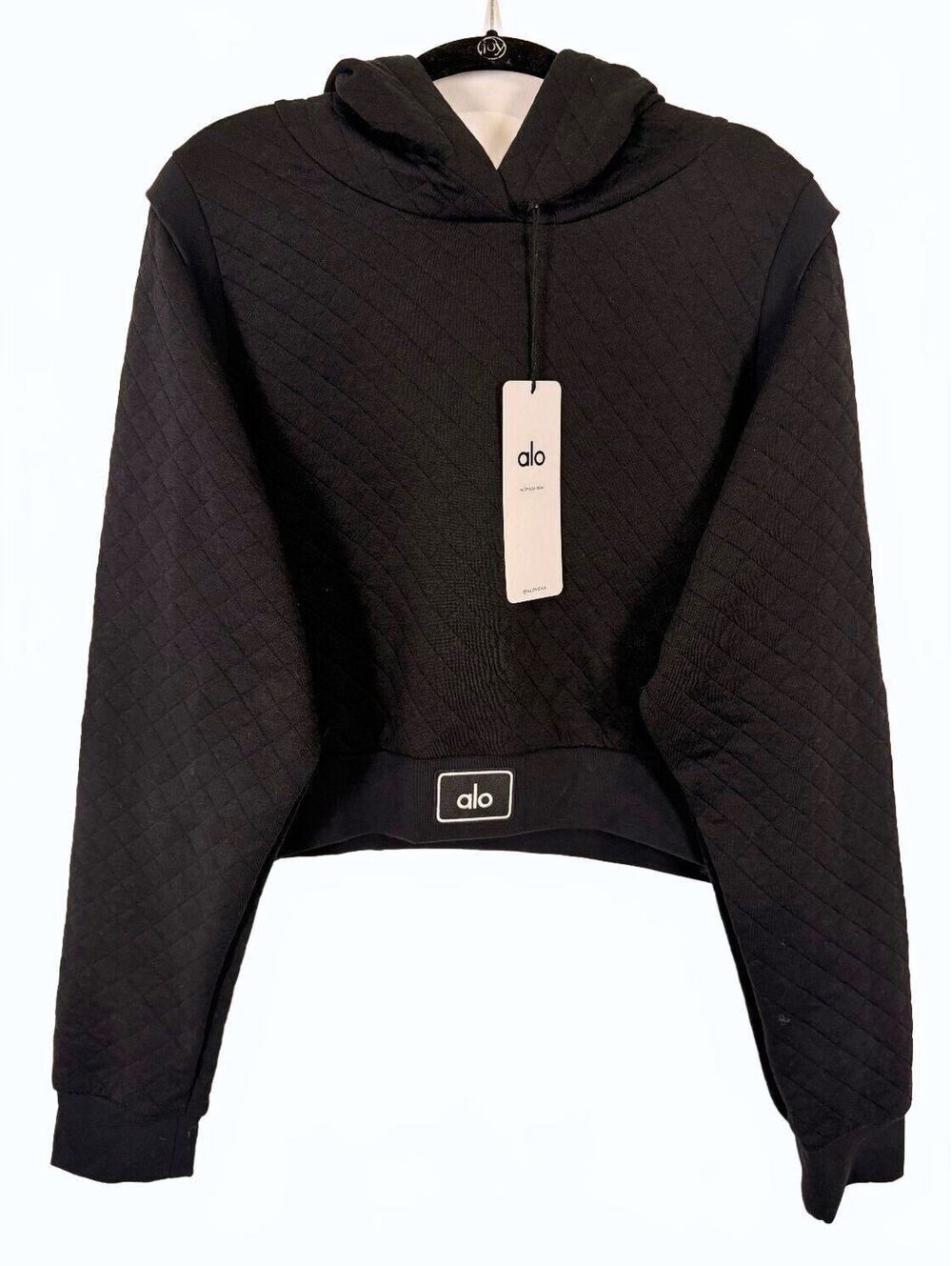 Alo Yoga Arena Quilted Cropped Hoodie Black Diamond Stitch Size Large NWT